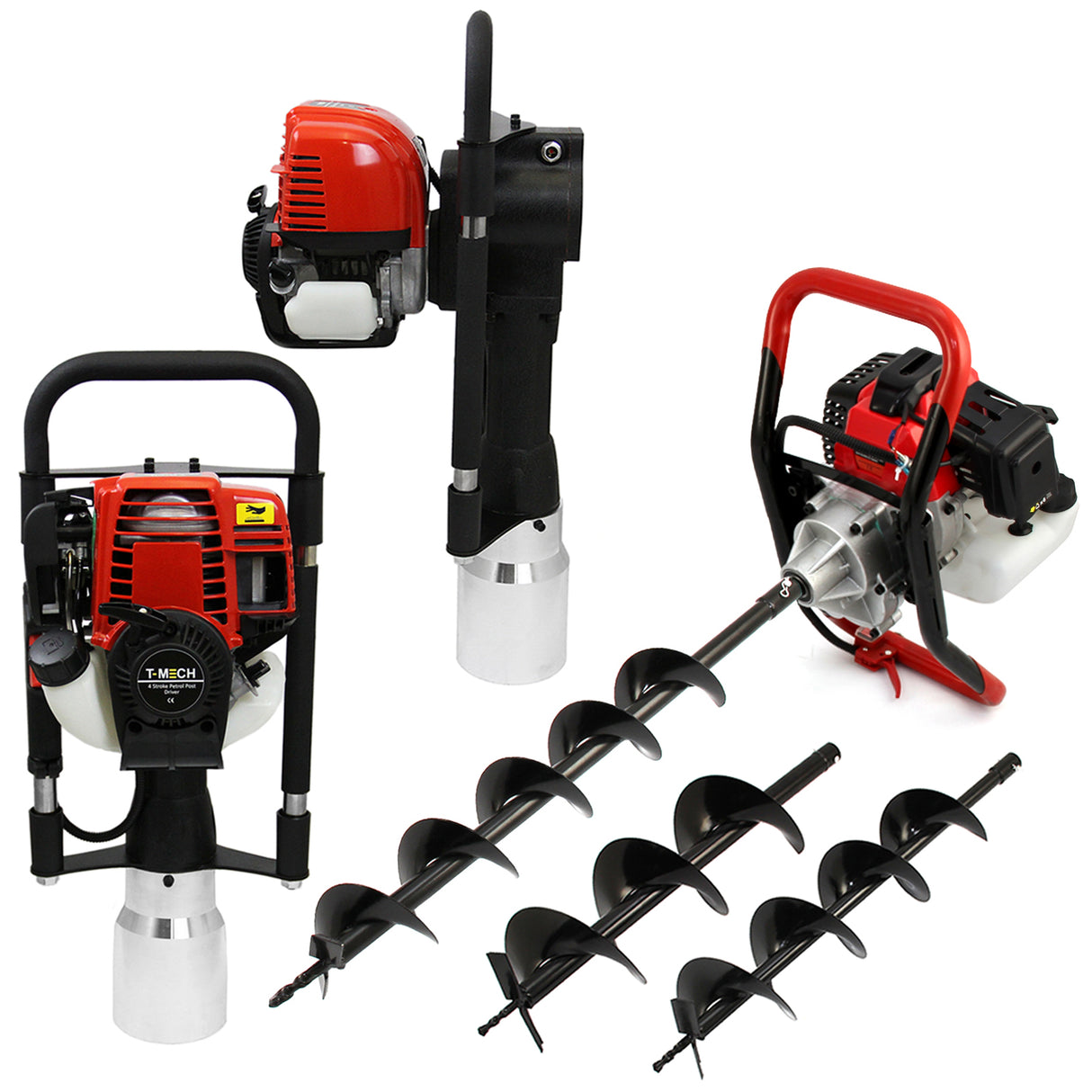 T-Mech Erdbohrer in rot und schwarz mit robustem Metallbohrer, ausgestattet mit mehreren Bohrern für verschiedene Anwendungen, ideal für Garten- und Bauprojekte