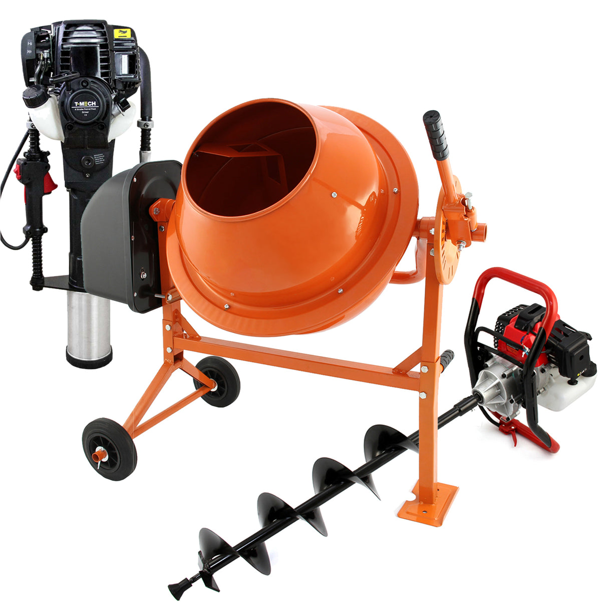 T-Mech Erdbohrer, orange Betonmischer mit robustem Gestell und Zweitakt-Pfahlramme, ideal für Bauprojekte und Erdarbeiten