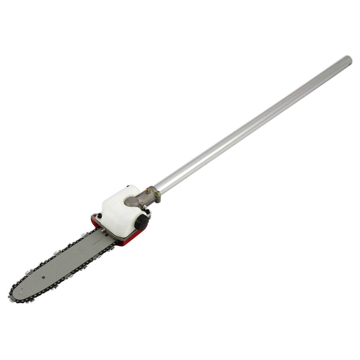 Multifunktionswerkzeug mit einer langen, silbernen Aluminiumstange und einer scharfen Kettensäge, ideal für Gartenarbeiten und Erdbohrungen