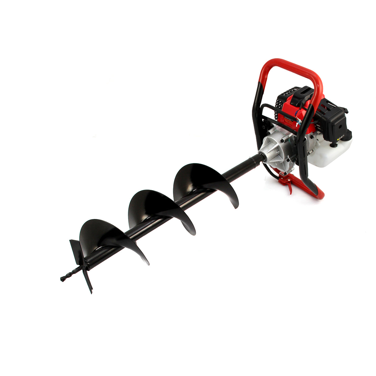 Multifunktionswerkzeug in Rot und Schwarz mit einem robusten, spiralförmigen Erdbohrer aus Metall, ideal für Garten- und Landschaftsarbeiten
