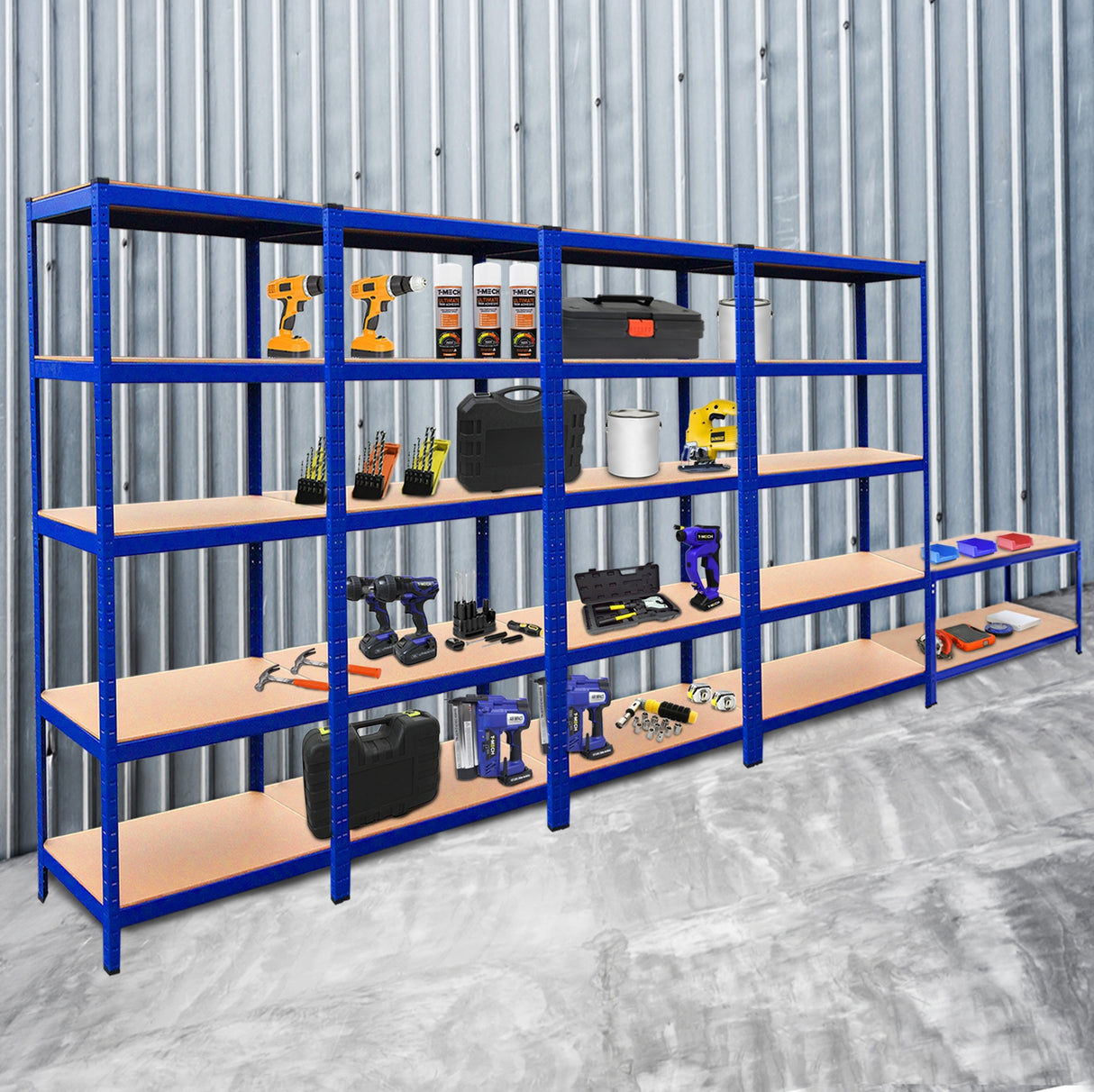 4x T-Rax Lagerregal 90cm Blau & Q-Rax Werkbank 120cm Blau im Set