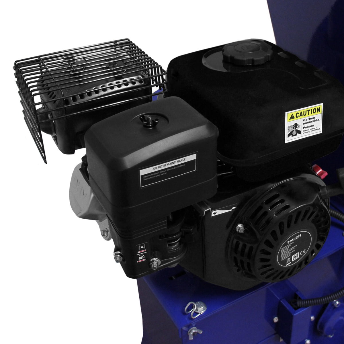 Schwarzer Motor mit Kühlergitter und Warnaufkleber, Teil eines 5-in-1-Multifunktionswerkzeugs und 15-PS-Holzhäcksler, auf blauer Basis montiert
