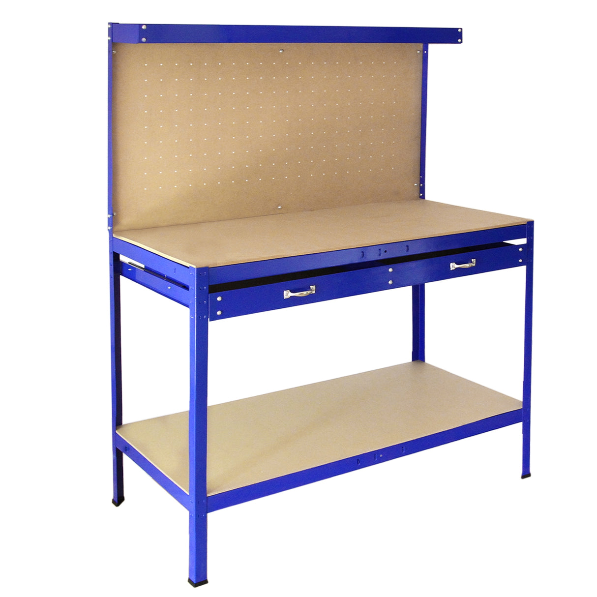 Robuste Werkbank in Blau mit Stecktafel, zwei Schubladen und einer stabilen Arbeitsfläche aus Holz, ideal für Werkstätten und Bastelprojekte