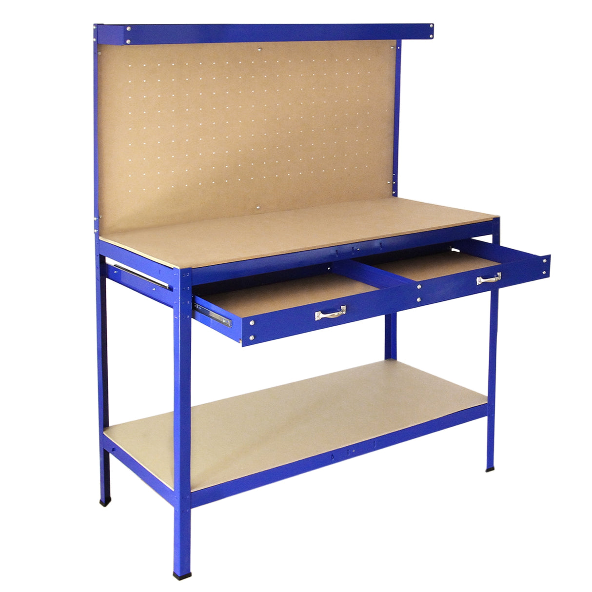 Robuste Werkbank in Blau mit einer praktischen Stecktafel, zwei Schubladen und einer stabilen Ablagefläche aus Holz für vielseitige Anwendungen