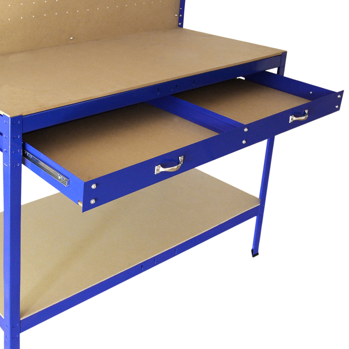 Robuste Werkbank in Blau mit zwei praktischen Schubladen und einer Stecktafel für optimale Organisation und Stauraum, ideal für Werkstätten
