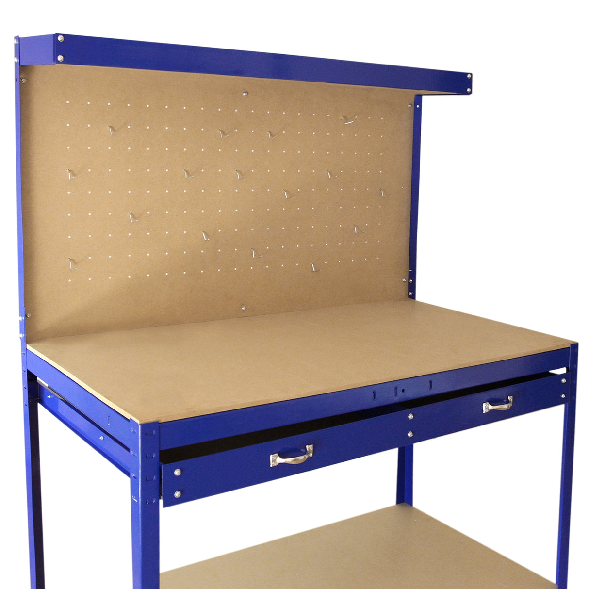 Robuste Werkbank in Blau mit einer praktischen Stecktafel und einer geräumigen Schublade, ideal für Werkstätten und Bastelprojekte
