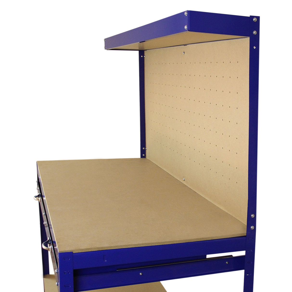 Robuste Werkbank in Blau mit einer praktischen Stecktafel und einer Schublade, ideal für Werkstätten und Bastelprojekte, aus strapazierfähigem Material
