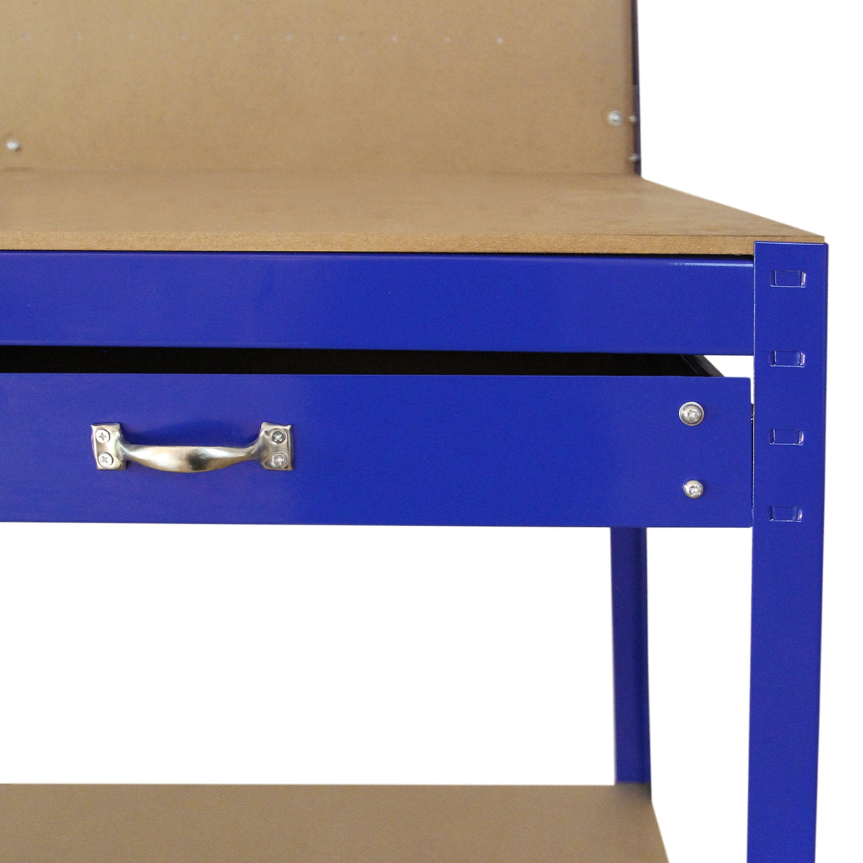 Robuste Werkbank in Blau mit einer praktischen Schublade und einer Stecktafel aus Holz, ideal für Werkstätten und Bastelprojekte