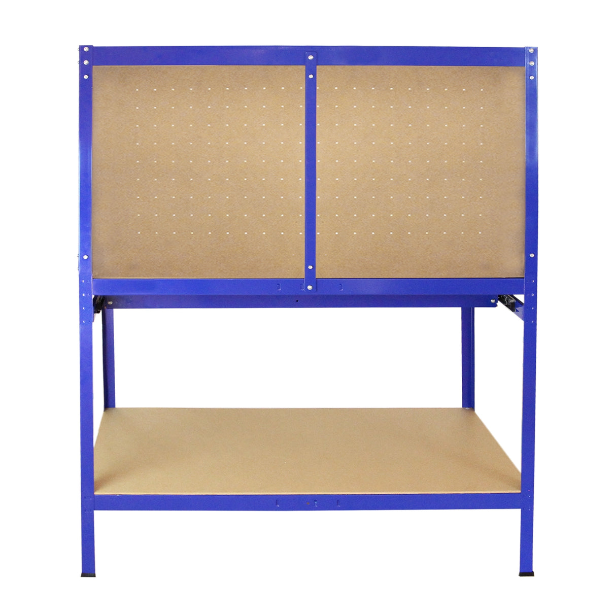 Robuste Werkbank in Blau mit Stecktafel und praktischer Schublade, ideal für Werkstätten, aus stabilem Metall und Holz, bietet viel Stauraum und Arbeitsfläche