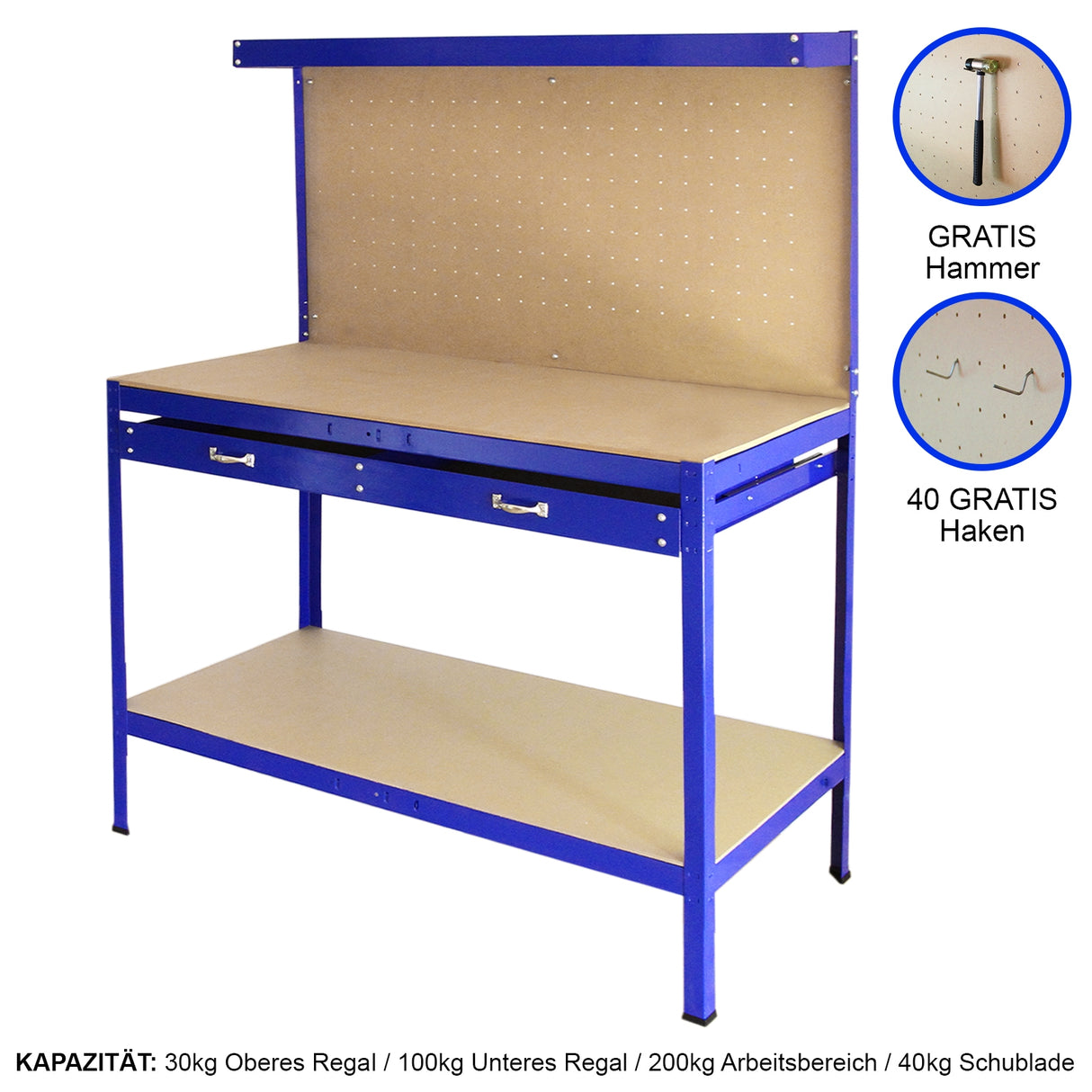 Robuste Werkbank in Blau mit Stecktafel, Schublade und Holzregalen, ideal für Werkstätten, mit 40 kostenlosen Haken und einem Hammer