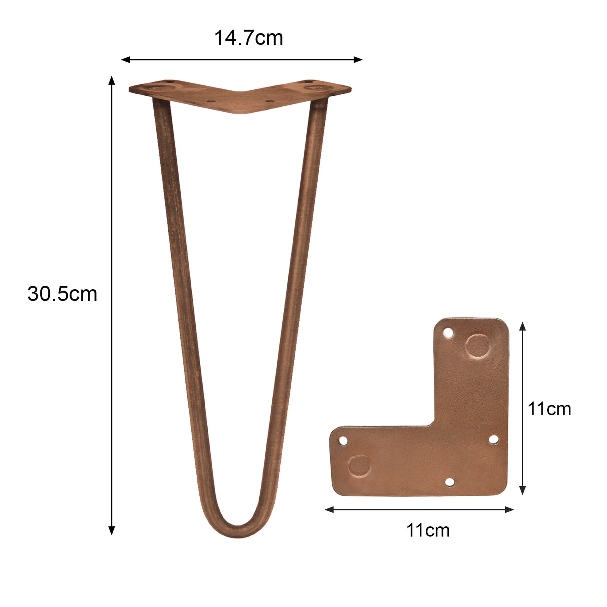 Vier 30,5 cm hohe Tischbeine aus Metall in Kupferoptik, mit zwei stabilen Streben und klaren Abmessungen für DIY-Möbelprojekte