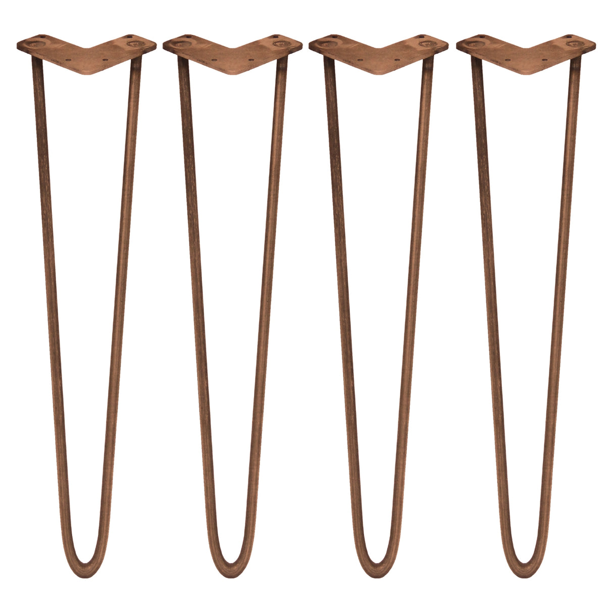 Vier kupferfarbene Hairpin Tischbeine mit zwei Streben, 71 cm lang, schlankes Design mit glatter, glänzender Oberfläche und stabiler Struktur