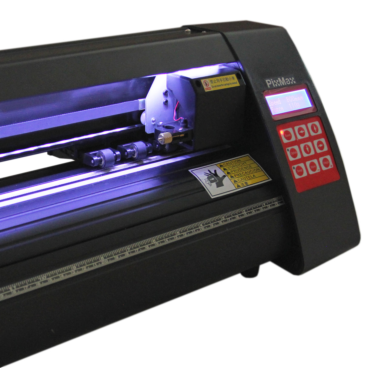 Schwarzer 720 Vinylschneider mit Ständer, LED-Lichtleiter und benutzerfreundlichem Bedienfeld für präzise Schneidarbeiten in verschiedenen Materialien