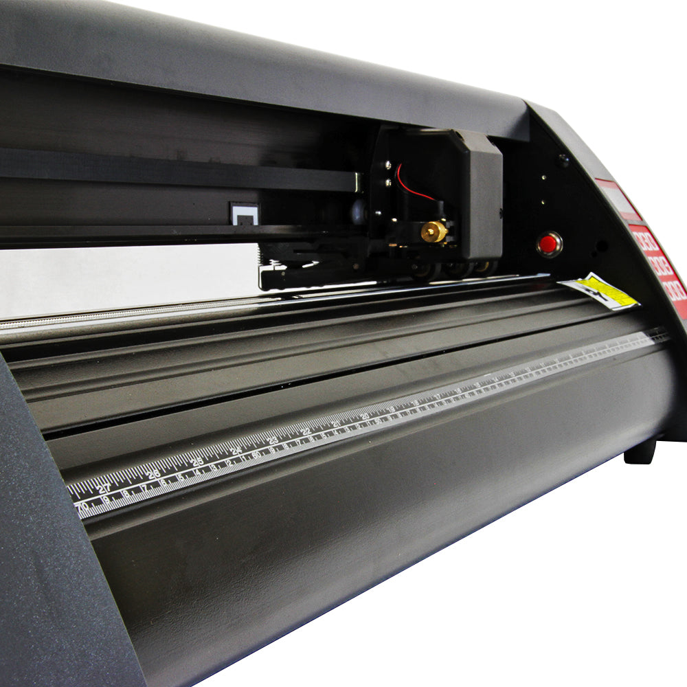 Der 720 Vinylschneider mit Ständer und LED-Lichtleiter zeigt eine robuste, schwarze Maschine mit präzisen Schneidewerkzeugen und einer klaren, gut beleuchteten Arbeitsfläche