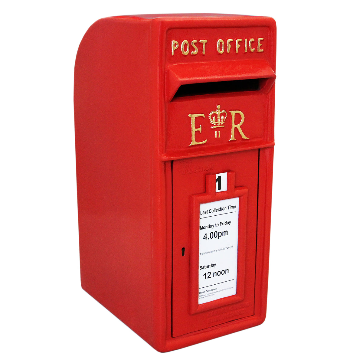 Roter Briefkasten mit Bodenständer, glänzende Oberfläche, goldene Schriftzüge und praktische Sammelzeiten für Postsendungen