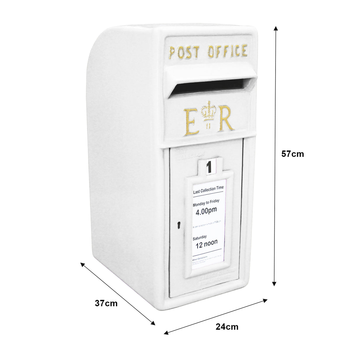 Weißer Briefkasten mit Bodenständer, 57 cm hoch, mit goldener Schrift und einem großen Einwurfslot für Briefe und Postkarten