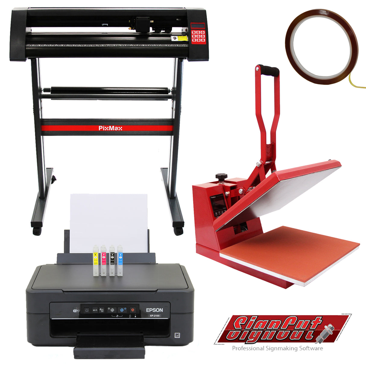 Klapppresse in Rot, 720-mm-Vinylschneider in Schwarz und Epson-Drucker mit bunten Tintenpatronen, ideal für professionelle Druck- und Schneidearbeiten