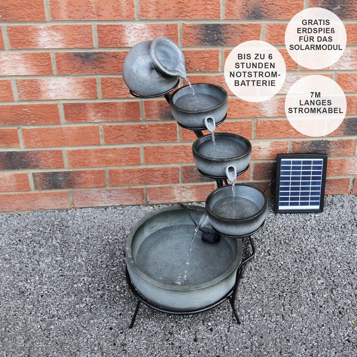Solar Kaskadenbrunnen mit Akku - Grau