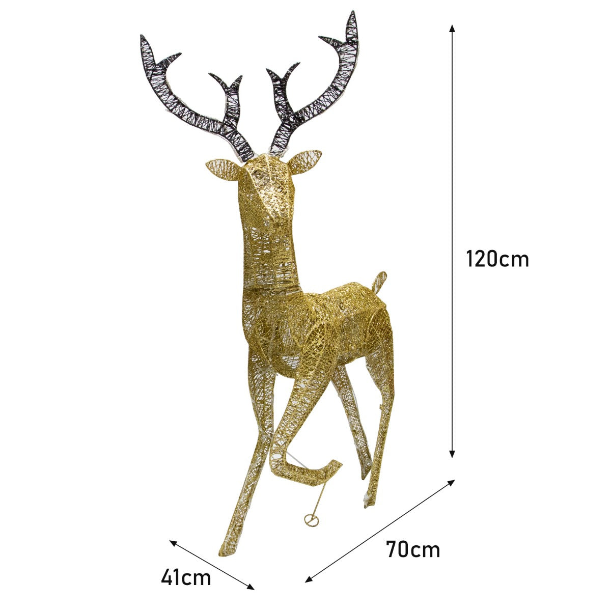 Goldfarbener LED beleuchteter Hirsch mit kunstvollen, filigranen Details, majestätischen Geweihen und einer Höhe von 120 cm, ideal für festliche Dekorationen