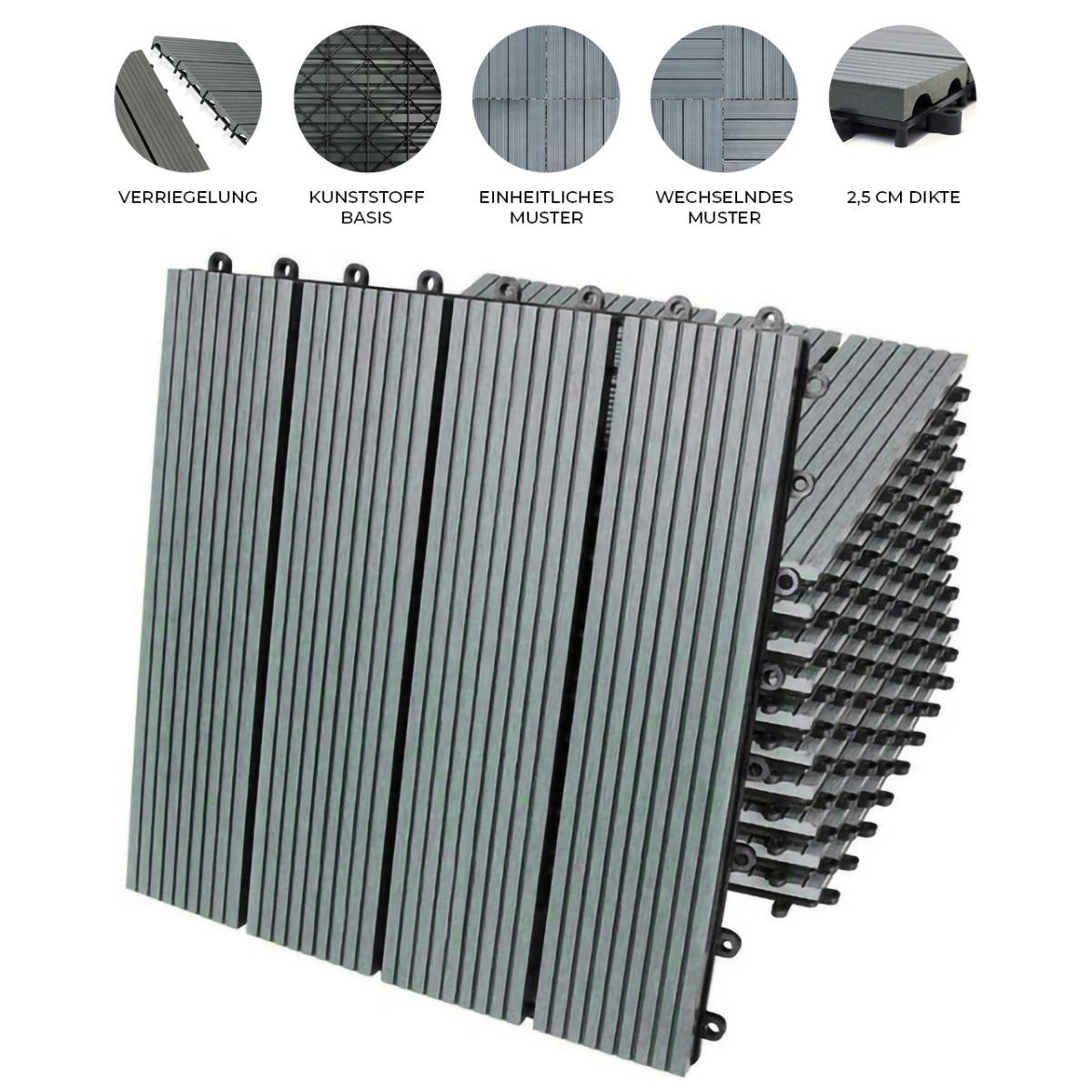 Grau WPC Terrassenfliesen 30 x 30 cm, 2,5 cm dick, mit strukturiertem Muster und Kunststoffbasis, ideal für Außenbereiche und Terrassen
