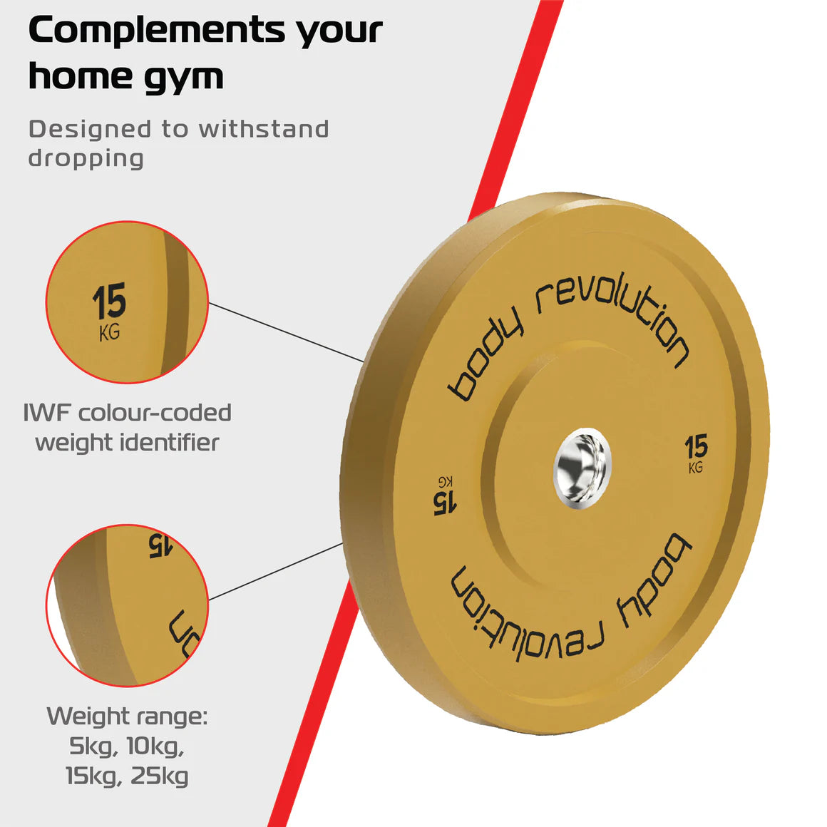 Farbige Bumper Plates von Body Revolution in Gelb, 15 kg, mit IWF-Gewichtsanzeige, robust für das Home Gym, ideal für intensives Training