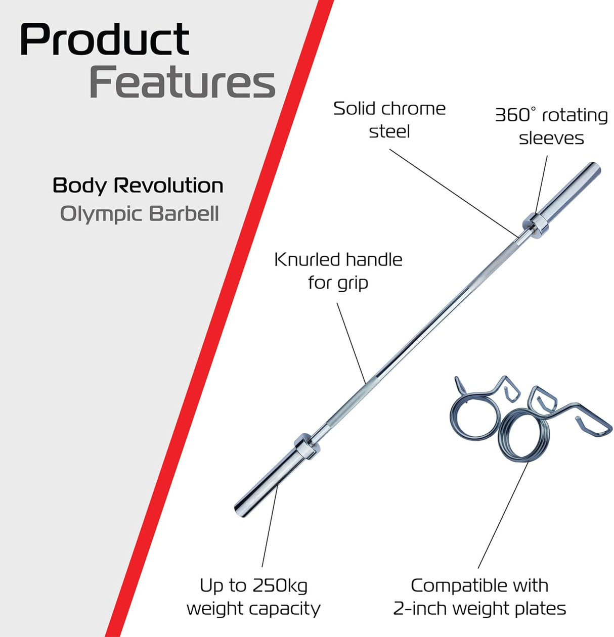 Olympische Hantelstange von Body Revolution, 122 cm lang, aus solidem verchromtem Stahl, mit rutschfestem Griff und drehbaren Aufsätzen, bis 250 kg belastbar