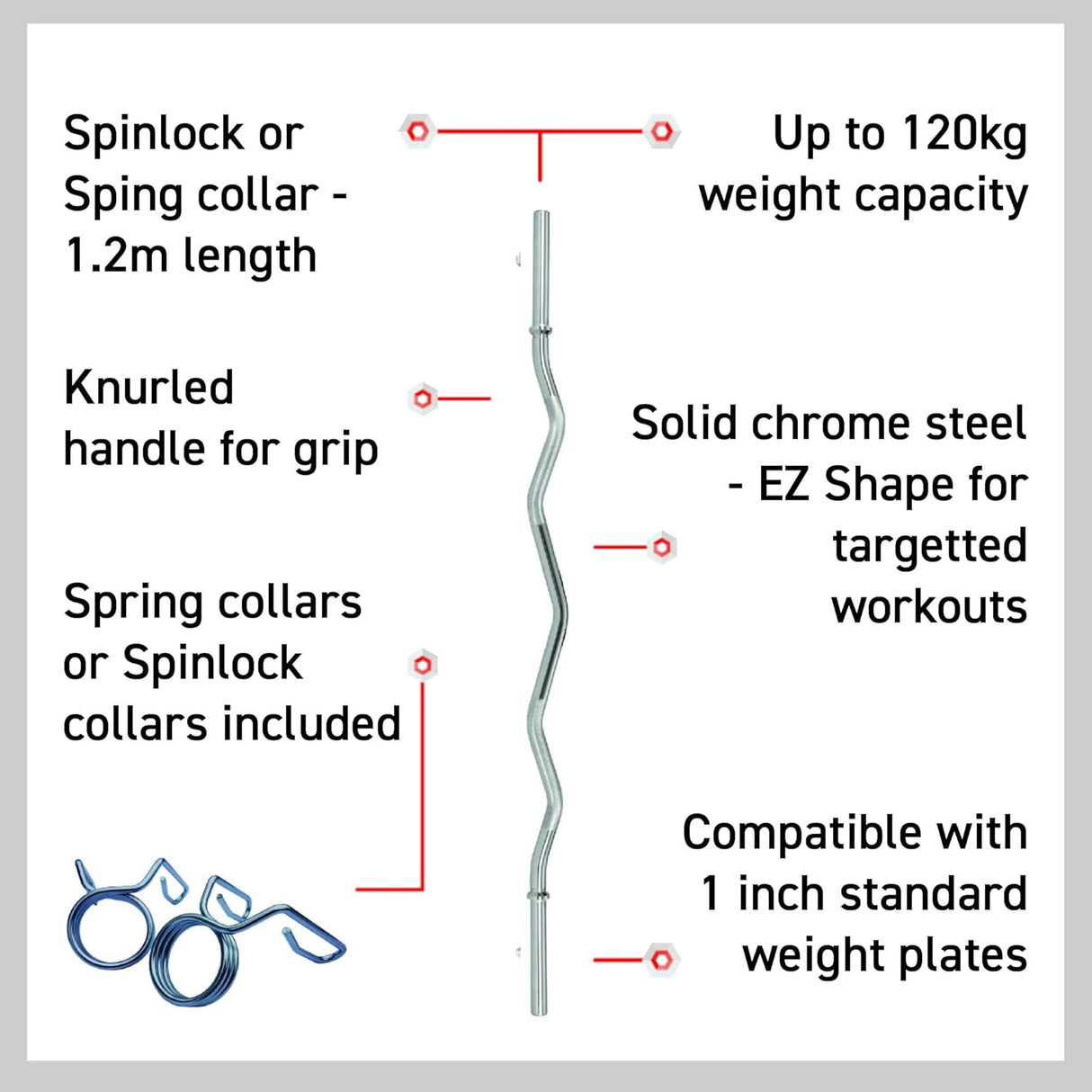 Knicke Curlstange aus solidem verchromtem Stahl, 1,2 m lang, mit knurligem Griff für sicheren Halt, inklusive Spinlock-Verschlüssen und bis zu 120 kg Tragfähigkeit