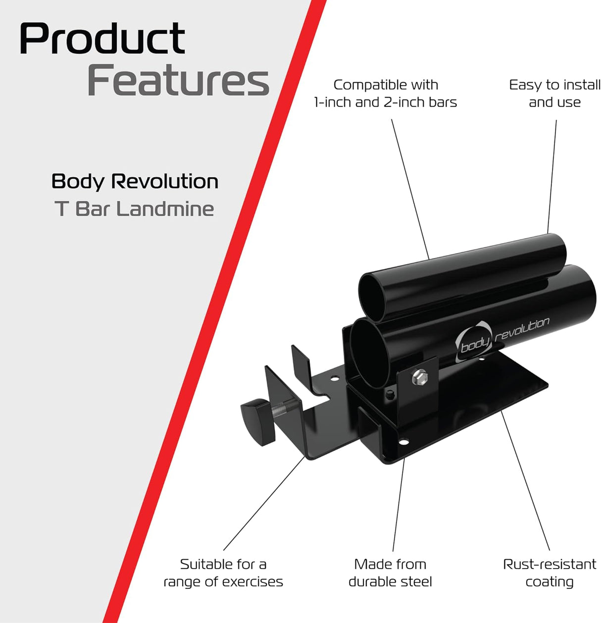 Schwarze T-Bar Landmine von Body Revolution, aus robustem Stahl, geeignet für verschiedene Übungen, rostbeständige Beschichtung, einfach zu installieren und zu verwenden