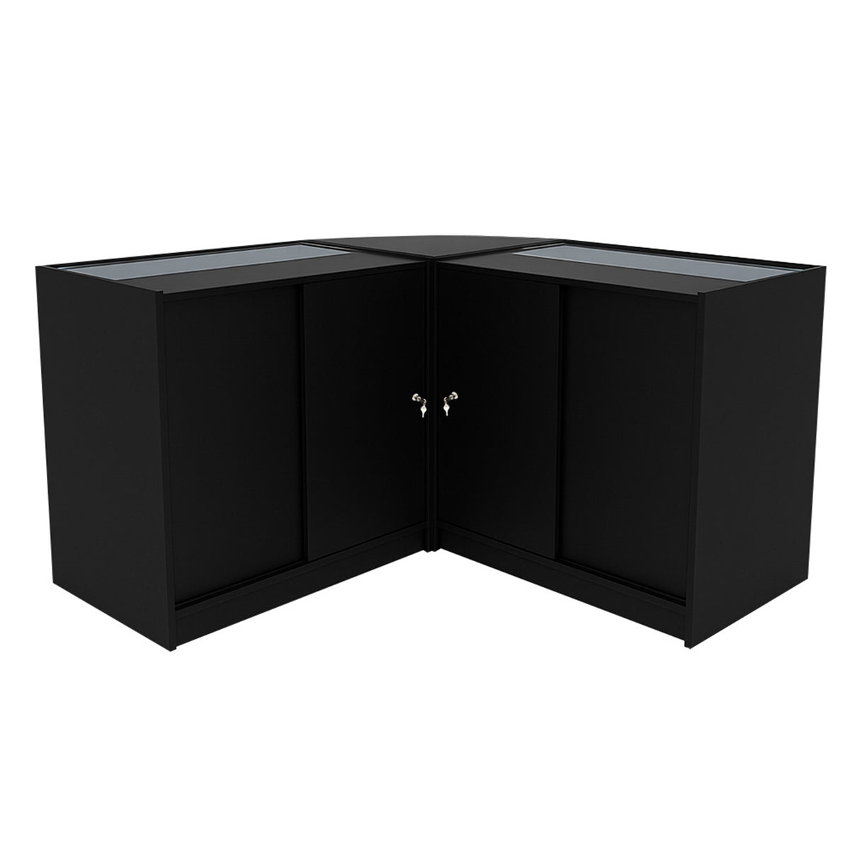 Schwarzes Iris LED Verkaufstheken-Set CM60 + B900, zwei Ecken mit gläsernen Oberflächen und abschließbaren Türen, modern und funktional
