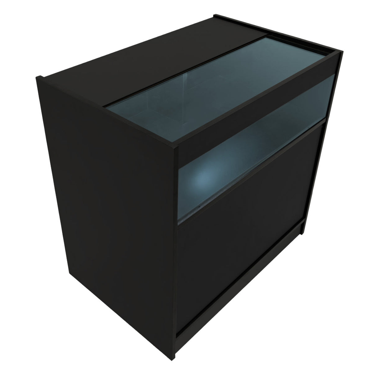 Schwarzes Iris LED Verkaufstheken-Set CM60 + B900 mit gläserner Oberseite und modernem, minimalistischen Design, ideal für Verkaufsräume