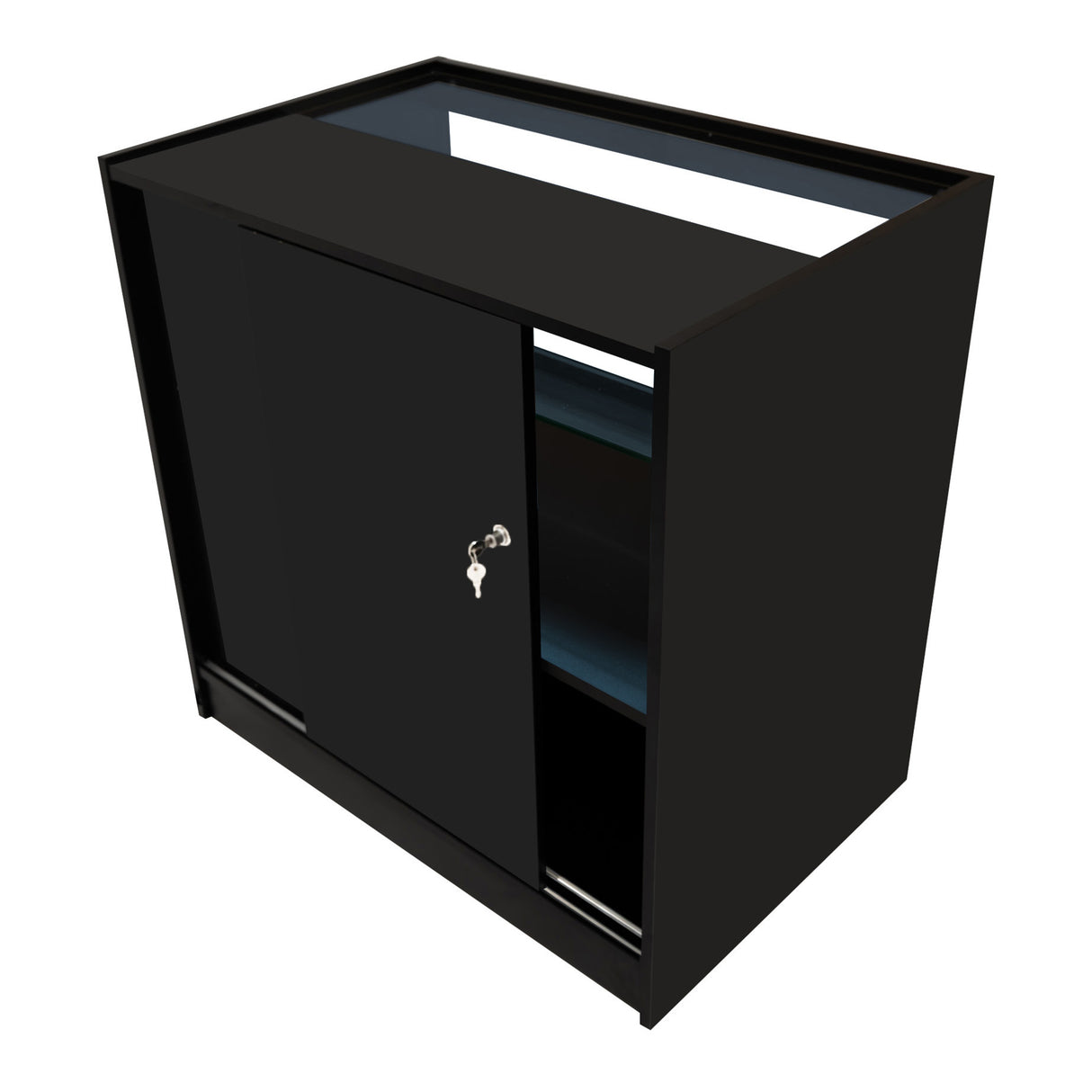 Schwarzes LED Verkaufstheken-Set mit glatter Oberfläche, abschließbarem Schrank und offenen Regalen, ideal für Verkaufsräume und Ausstellungen