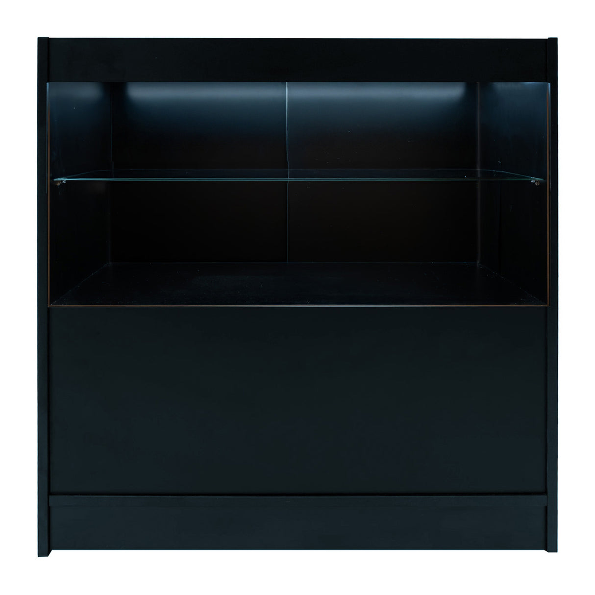 Schwarzes Selene LED Verkaufstheken-Set mit gläsernem Regal und beleuchtetem Oberteil, ideal für moderne Verkaufsräume und Ausstellungen
