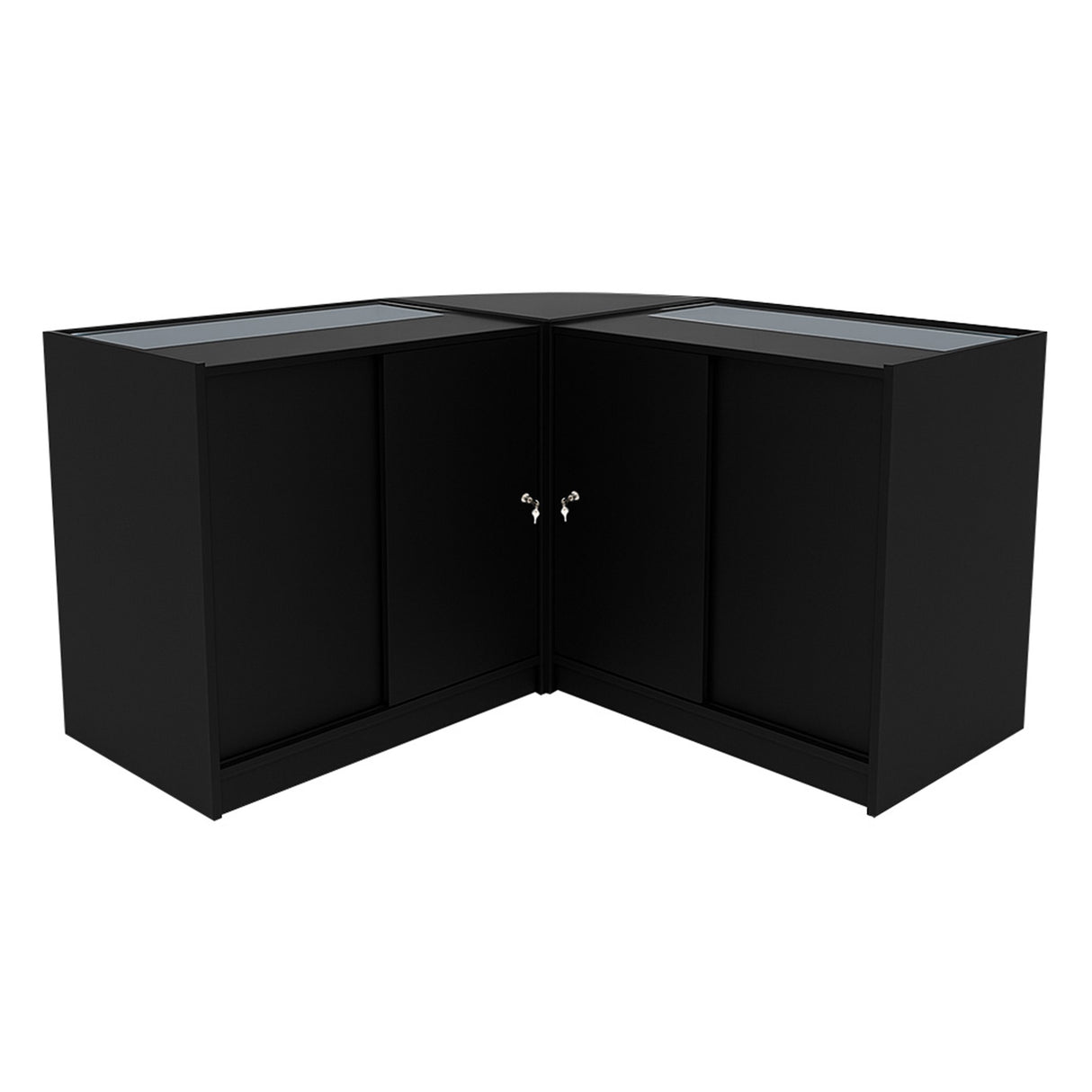 Schwarzes Helios LED Verkaufstheken-Set CM60 + K900, zwei elegante, eckige Theken mit Glasoberflächen und abschließbaren Türen, ideal für Verkaufsräume