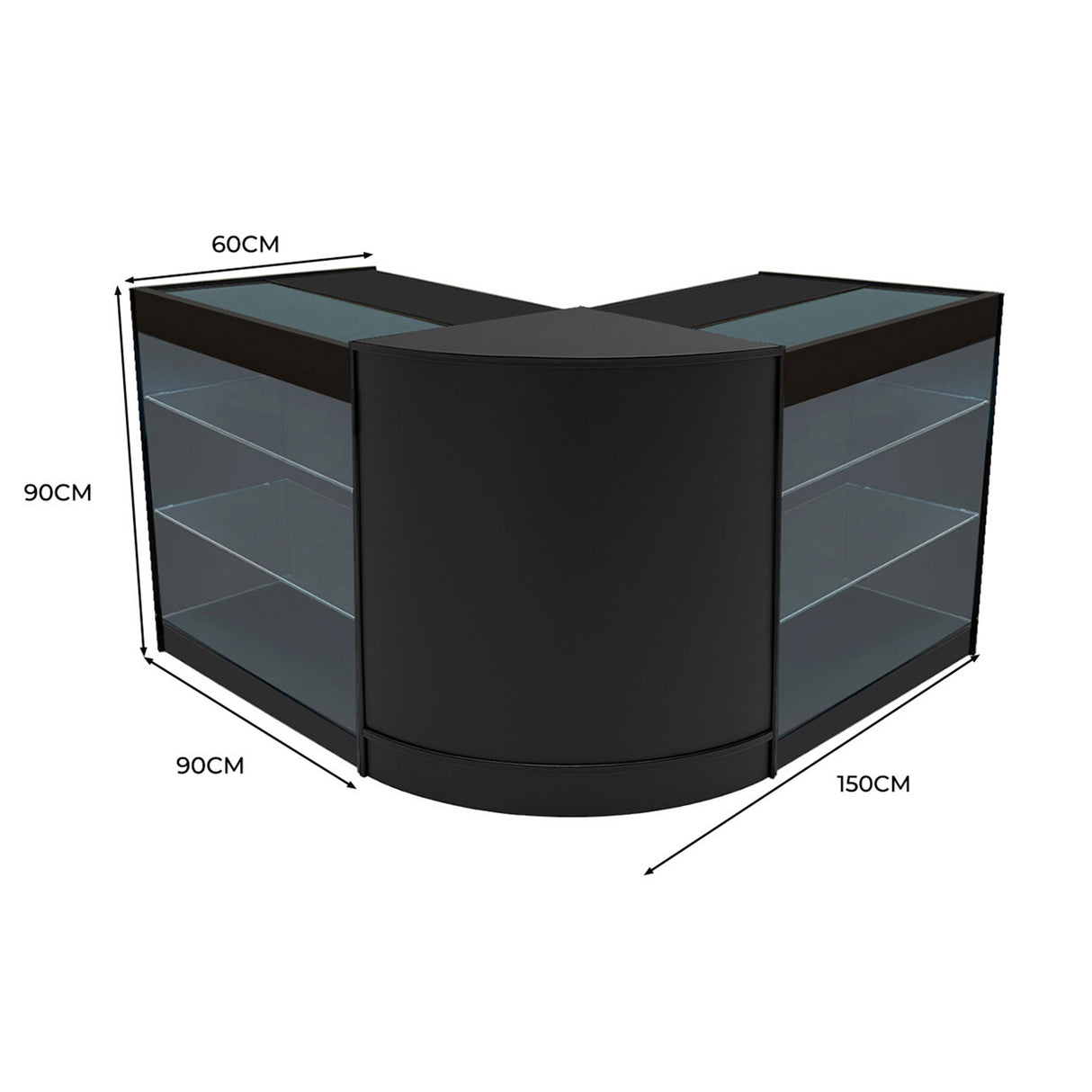 Schwarzes Helios LED Verkaufstheken-Set mit zwei eleganten, gebogenen Theken, transparenten Glasregalen und modernen LED-Beleuchtungselementen