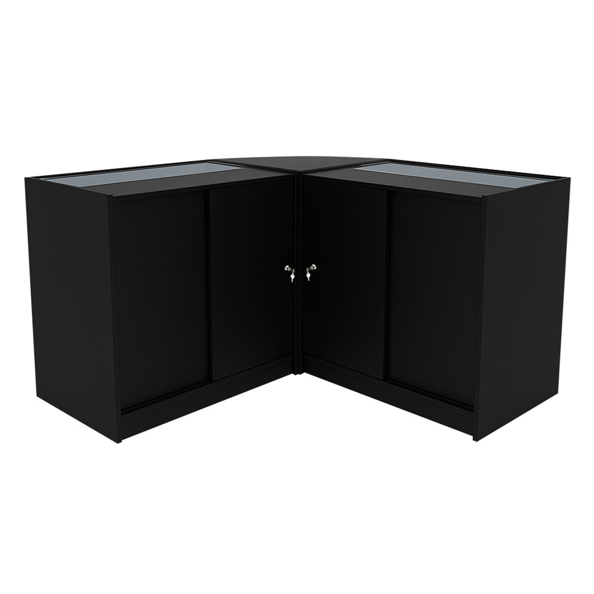 Schwarzes Hera LED Verkaufstheken-Set mit zwei Glastüren, modernem Design und glatten Oberflächen, ideal für Verkaufsräume und Ausstellungen