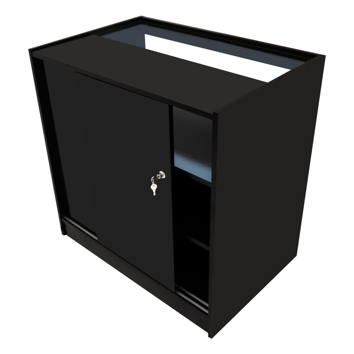 Schwarzes LED-Verkaufstheken-Set mit zwei Einheiten, modernem Design, glänzender Oberfläche, abschließbarem Schrank und offenen Regalen für optimale Präsentation