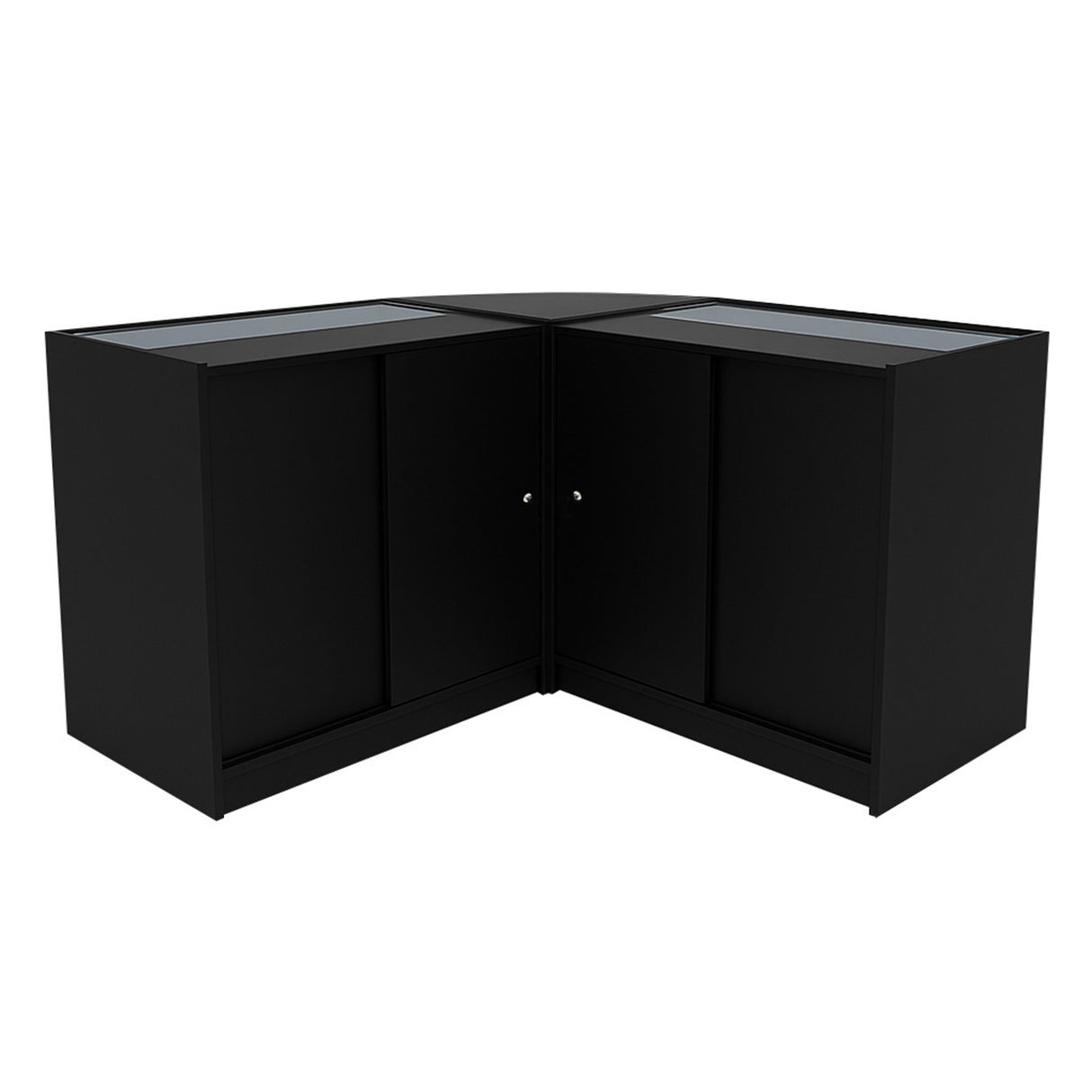 Schwarzes LED Verkaufstheken-Set mit zwei Ecken, elegantes Design, Glasoberflächen und geräumigen Stauraum für Produkte und Ausstellungen