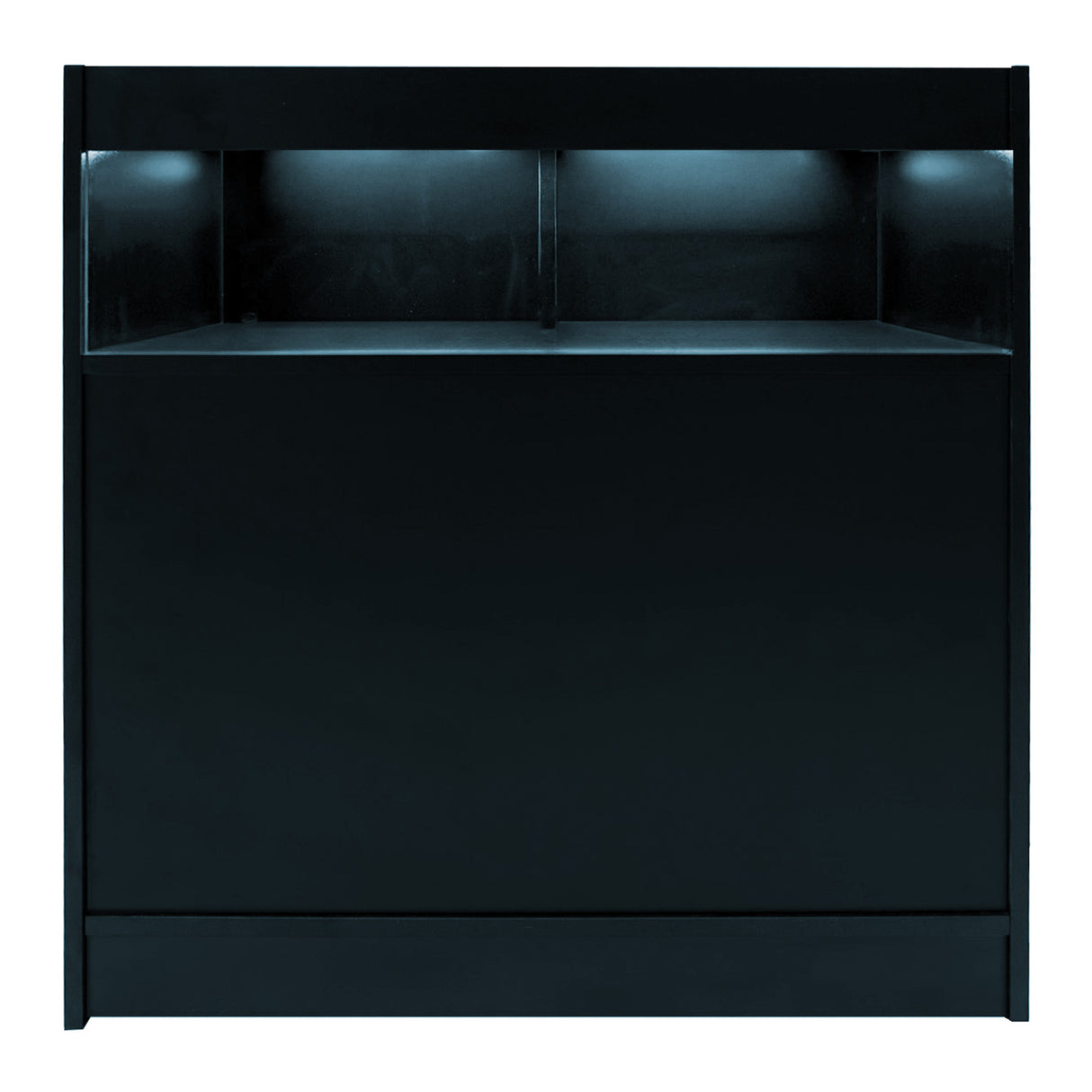 Schwarzes LED-Verkaufstheken-Set mit zwei Einheiten, glatte Oberfläche, moderne Beleuchtung und minimalistisches Design für Verkaufsräume
