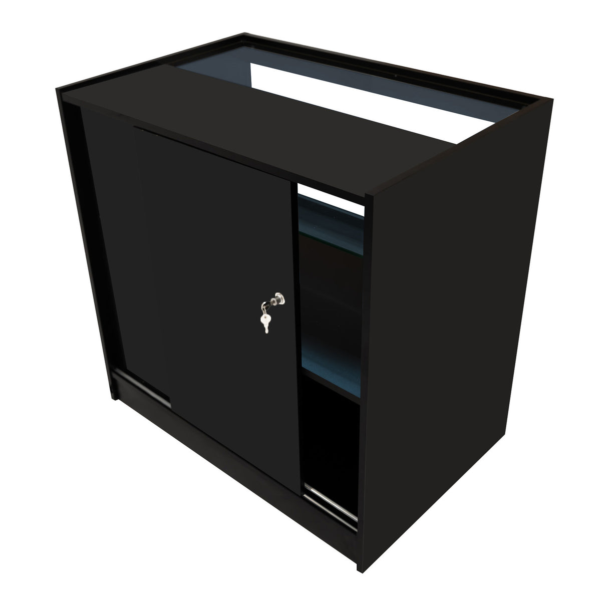 Schwarzes Andromeda LED Verkaufstheken-Set LM60 + C900 mit glatter Oberfläche, abschließbarem Schrank und beleuchtetem Innenraum, ideal für Verkaufsräume