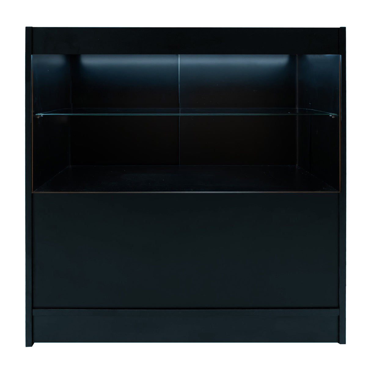 Schwarzes Andromeda LED Verkaufstheken-Set mit gläsernem Regal, modernem Design und sanfter Beleuchtung, ideal für Verkaufsräume und Ausstellungen