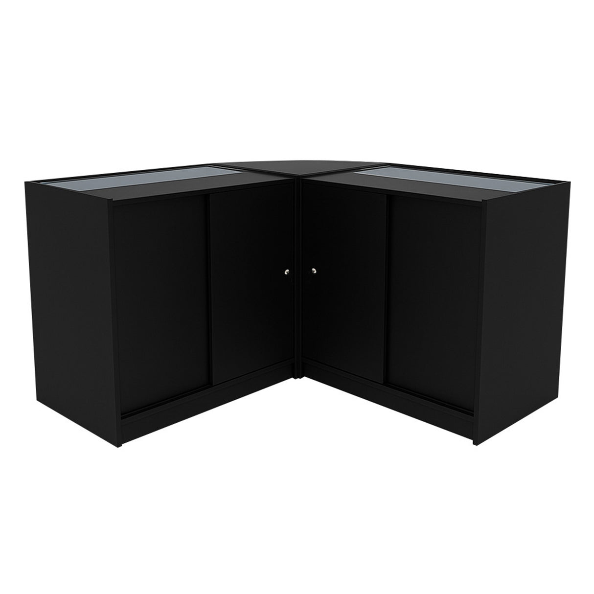 Schwarzes Calliope LED Verkaufstheken-Set mit Glasoberflächen, modernem Design und abgerundeten Ecken, ideal für Verkaufsräume und Ausstellungen