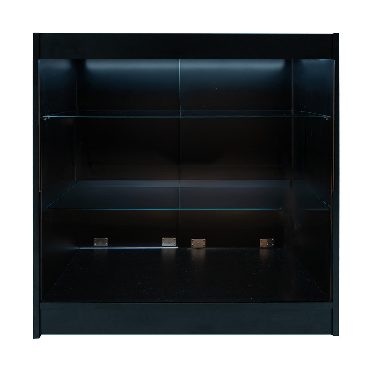 Schwarzes Aries LED Verkaufstheken-Set mit zwei Regalen, elegantem Design und glatten Glasflächen, ideal für Verkaufsräume und Ausstellungen