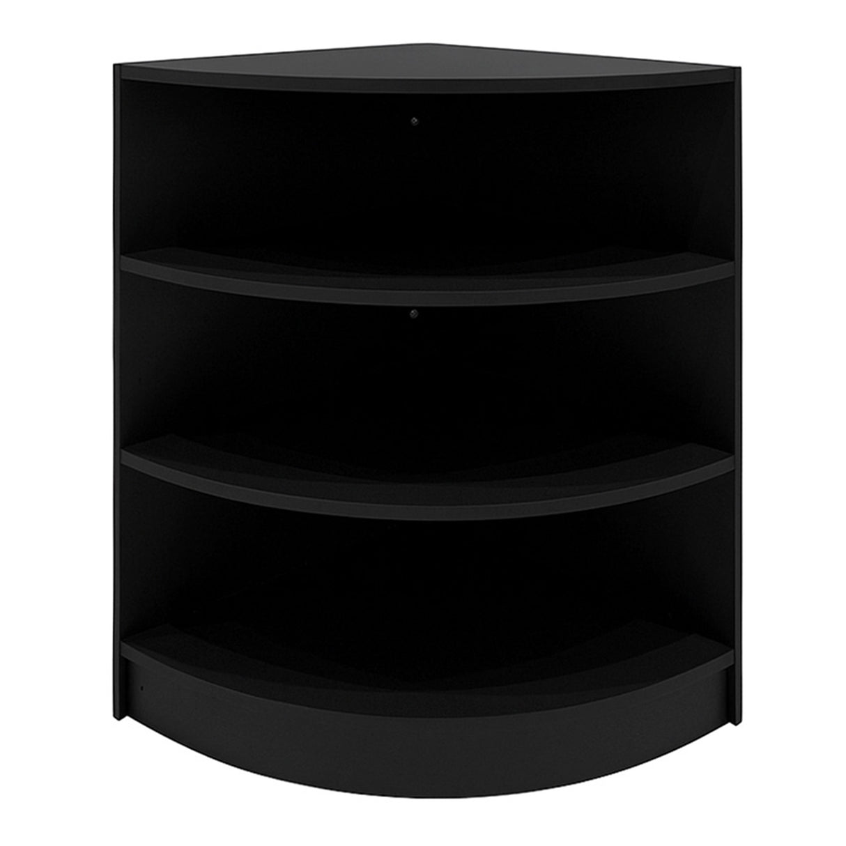 Eckige, schwarze Verkaufstheke mit drei offenen Regalen, aus robustem Material, ideal für den Einzelhandel oder Messen, modernes Design