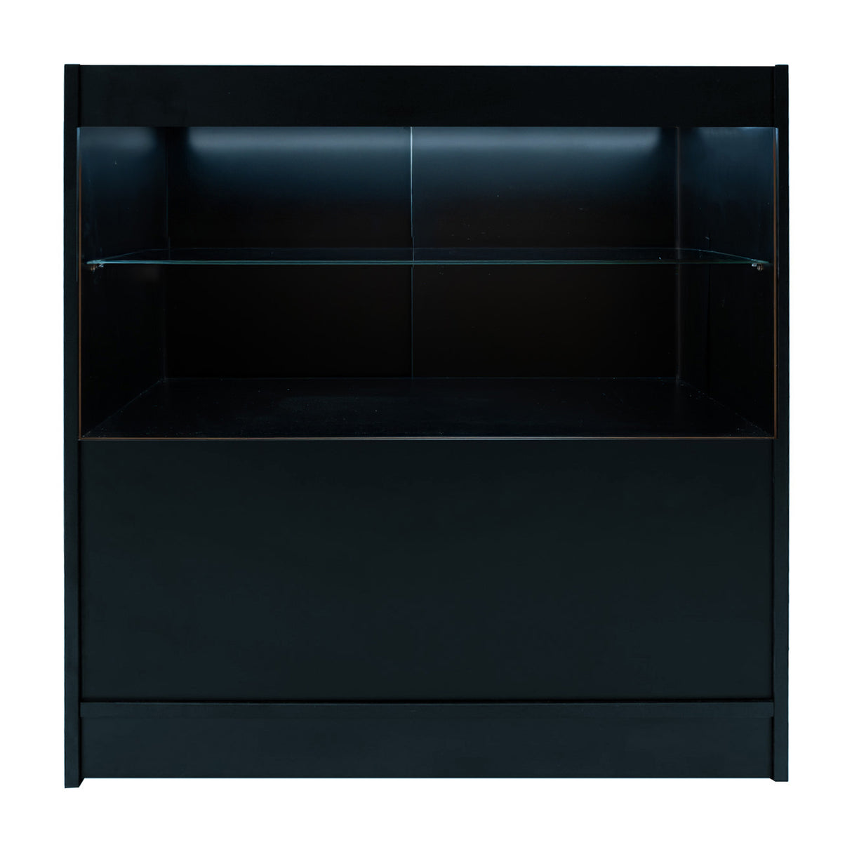 Schwarzes Eclipse LED Verkaufstheken-Set mit gläsernem Regal, modernem Design und sanfter Beleuchtung, ideal für Verkaufsräume und Ausstellungen