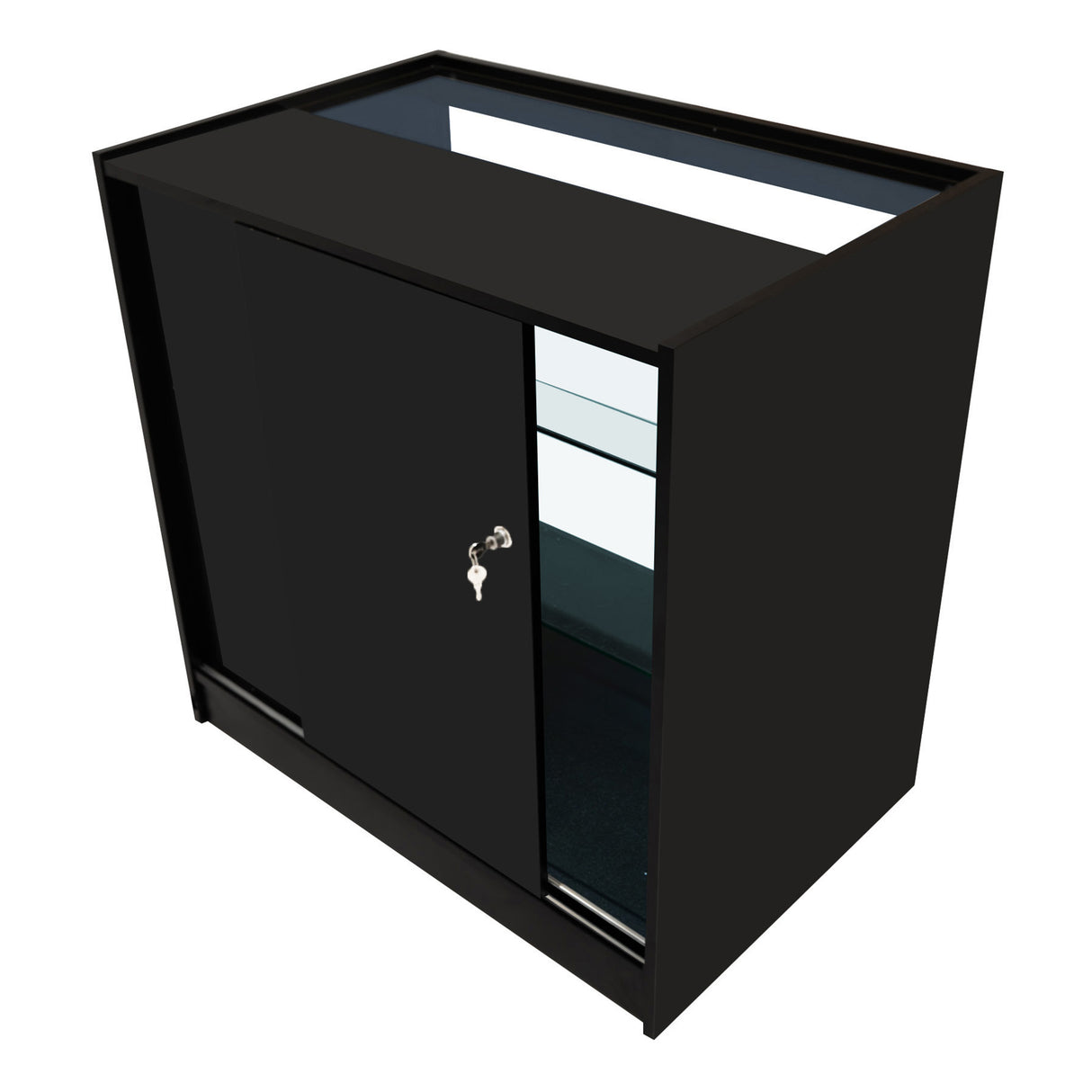 Schwarzes Hyperion LED Verkaufstheken-Set mit Glasoberfläche, Schiebetür und Innenregalen, ideal für moderne Verkaufsräume und Ausstellungen