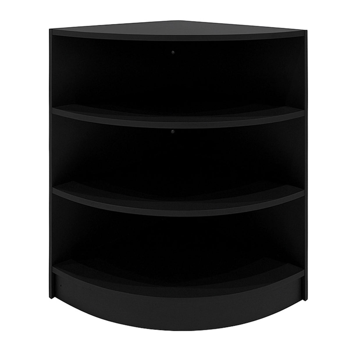Eckige Verkaufstheke in Schwarz mit drei offenen Regalen, aus robustem Material, ideal für den Einzelhandel oder Ausstellungen, modernes Design
