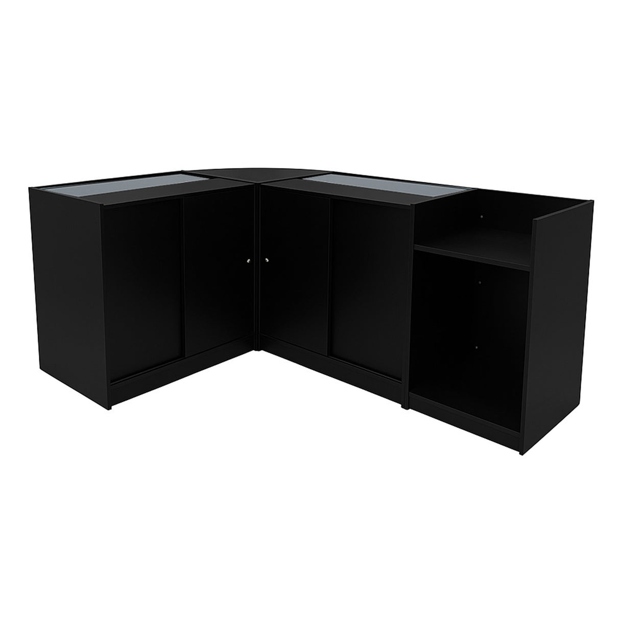 Schwarzes Theia LED Verkaufstheken-Set mit eleganten Glasoberflächen, modernem Design und praktischen Stauraumoptionen für den Einzelhandel
