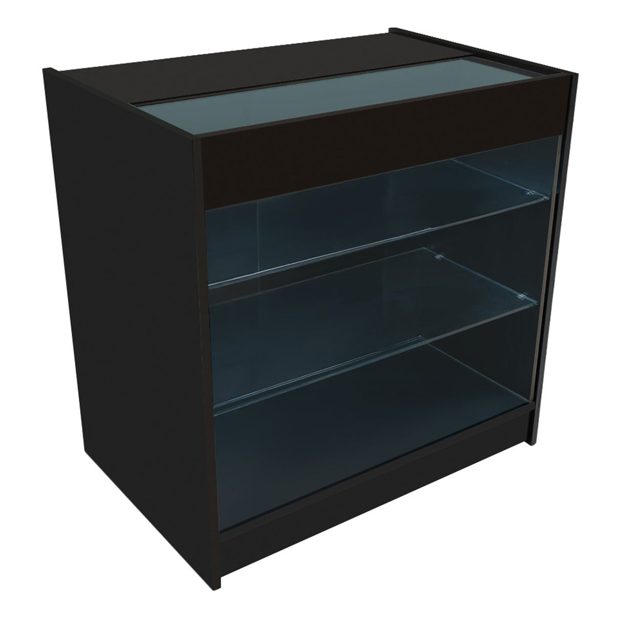 Schwarzes LED Verkaufstheken-Set mit zwei transparenten Glasregalen, modernem Design und klaren Linien, ideal für den Einzelhandel