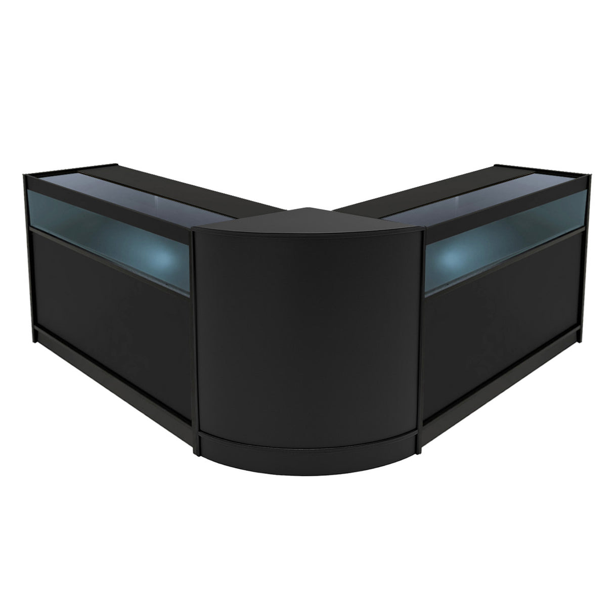 Schwarzes Iris LED Verkaufstheken-Set CM60 + B1200, elegant geformt mit Glasoberflächen und integrierter Beleuchtung für ansprechende Produktpräsentation