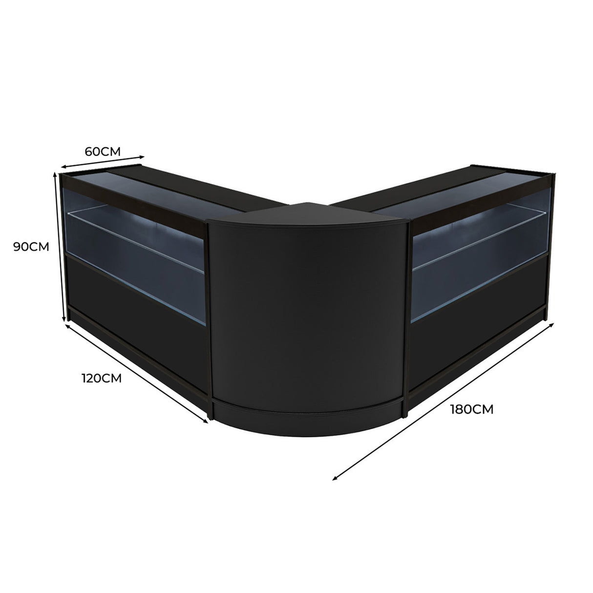 Schwarzes Selene LED Verkaufstheken-Set mit zwei Elementen, elegantem Design, klaren Glasflächen und abgerundeten Kanten, ideal für Verkaufsräume